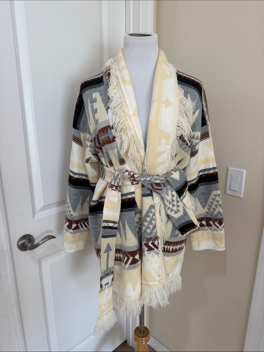 Torn Boston Proper Fringed Aztec Knit Southwestern Jacquard Cardigan Jacket S